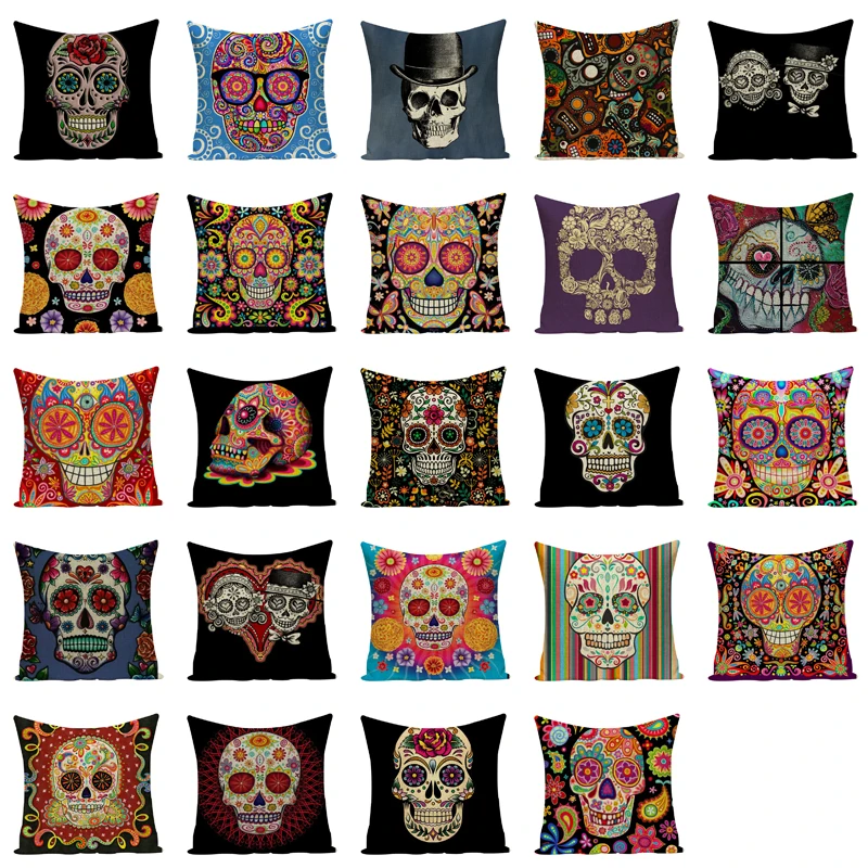 Colorful Square Pillow Cover Sugar Skull Decor Living Room Customized Cushion Polyester Print Car Seat Cover Custom Cushion Cove