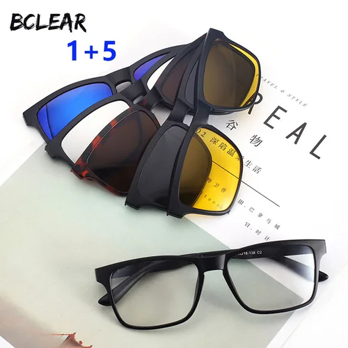 BCLEAR moda unisex TR90 montura óptica con 5 lentes de sol clip en gafas de sol polarizadas visión nocturna monturas de gafas magnéticas