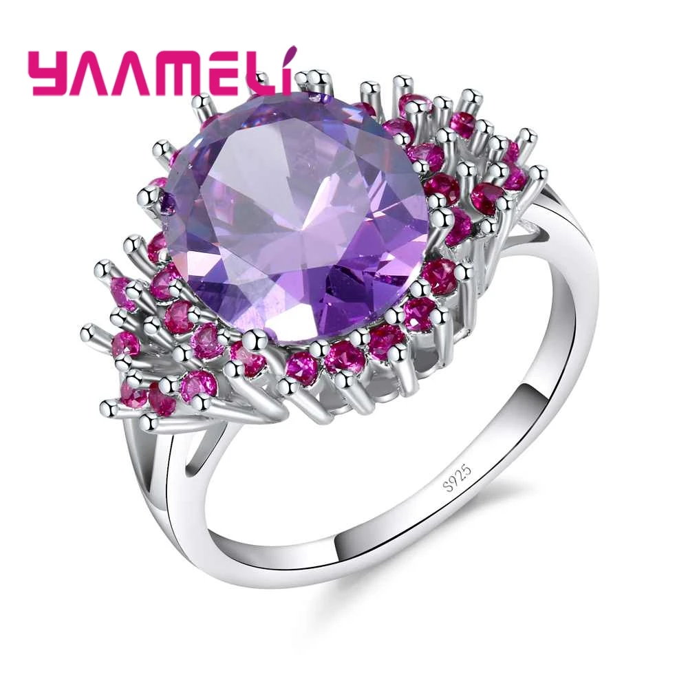 

Luxury Fashion Purple Flower Crystal Stone Ring Party Engagement Wedding Ceremony Jewelry For Women 925 Sterling Silver