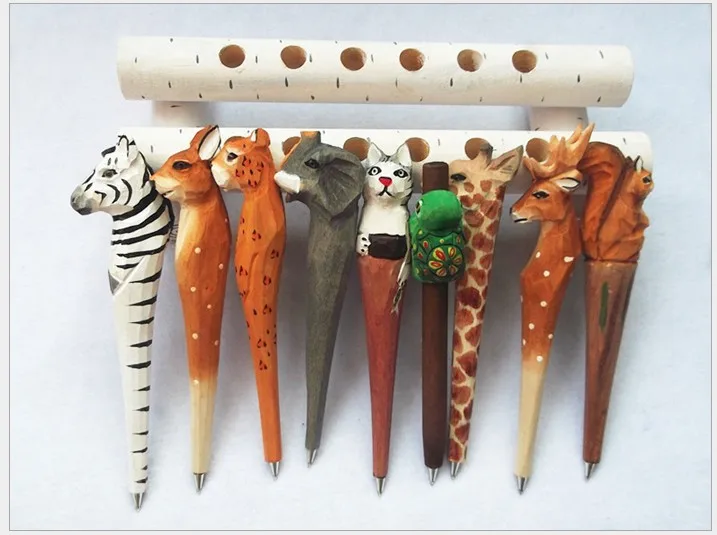 

200pcs/lot Animal Wooden carving creative ballpoint pen wood Ball point pens handmade sculpture student ball-point free shipping