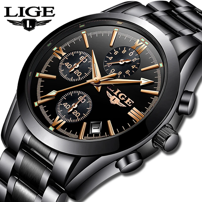 LIGE Mens Watches Top Brand Luxury Fashion Business Quartz Watch Men Sports Full Steel Waterproof Black Clock Relogio Masculino