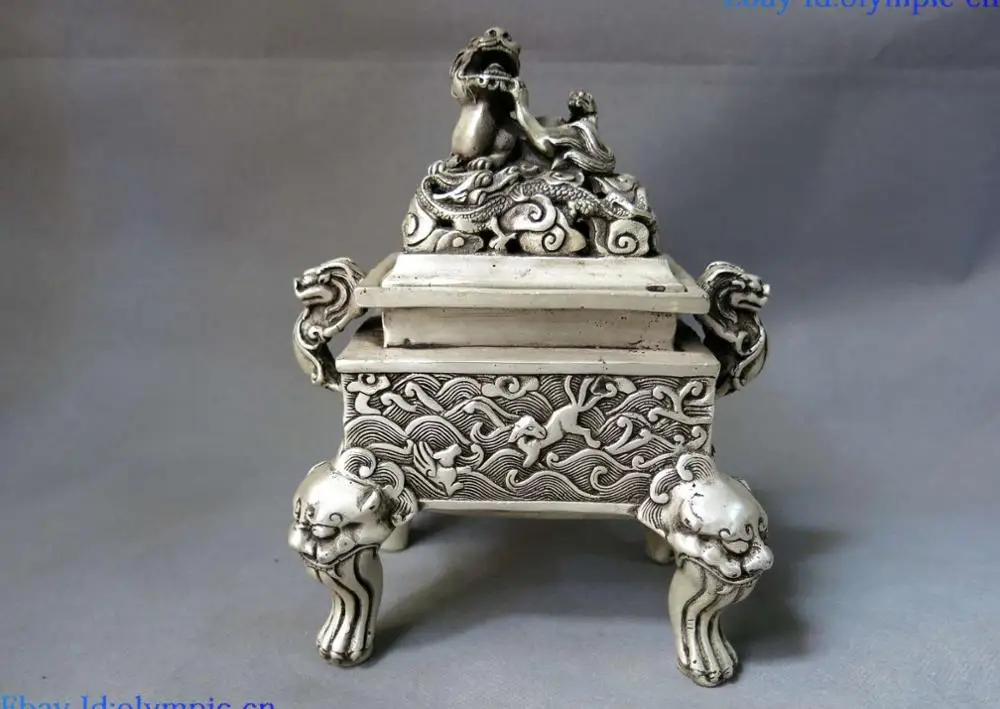 

8" China silver feng shui lucky dragon Foo Dog Lion incense burner censer Statue