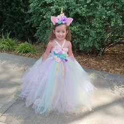 Girls Flower Unicorn Tutu Dress Kids Pastel Tulle Crochet Dress Ball Gown with Hairbow Set Children Cosplay Party Costume Dress