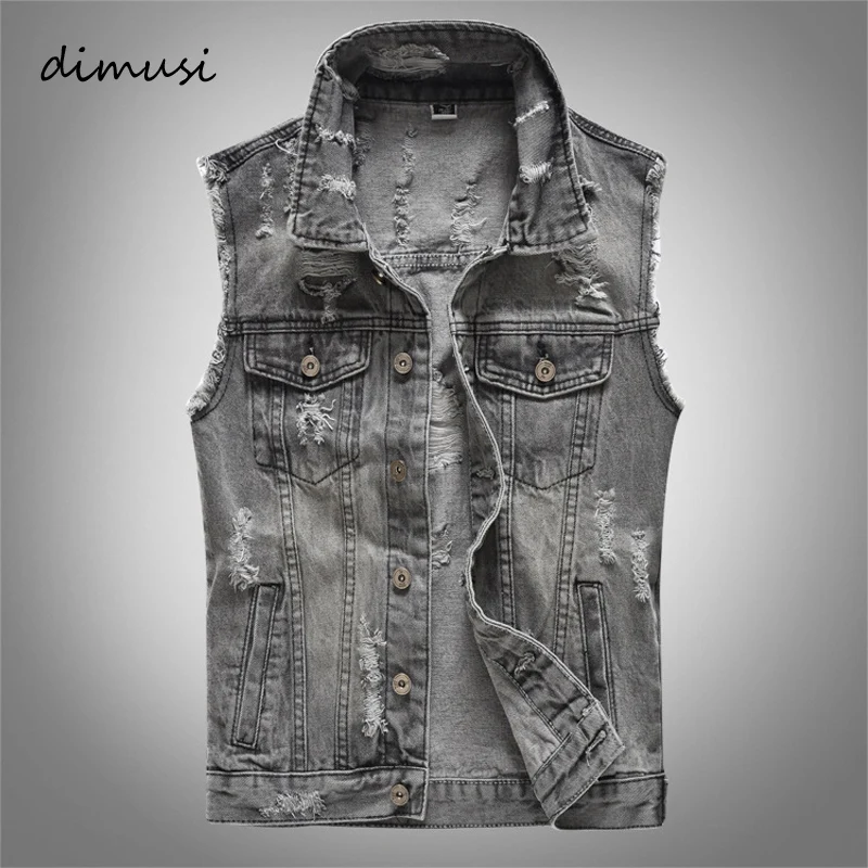 

DIMUSI Spring Vintage Design Mens Denim Vest Male Retro Sleeveless Jackets Men Ripped Hole Button Jean Waistcoats Clothing 5XL