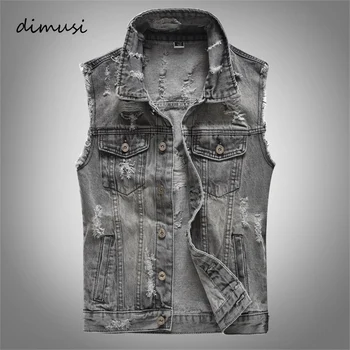 DIMUSI Spring Vintage Design Mens Denim Vest Male Retro Sleeveless Jackets Men Ripped Hole Button Jean Waistcoats Clothing 5XL