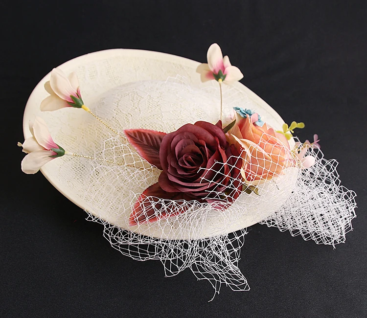 Big Bride Wedding Hat Flower Veil Linen Fascinator Hat Bridemaid Headwear Show Party Hairpin Fashion Women Linen Hat Hair Clips