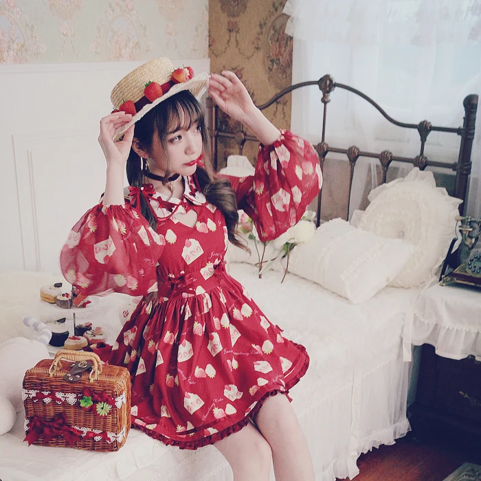 Princess sweet lolita Bobon21 lolita style cute girls ' favourite Strawberry Cake love doll hollow sleeve Chiffon Dress D1457