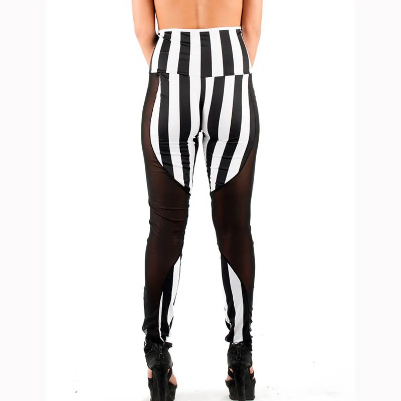 Women\'s Sexy Streetwear Leggings High Waist Striped Patchwork Mesh Pants