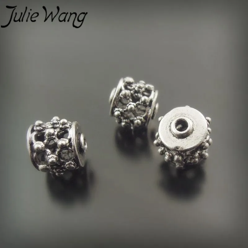 Julie Wang 10PCS Antique Silver Color Copper Hollow Beads Bracelet Jewelry Making Accessory Round Hole Gyro Model