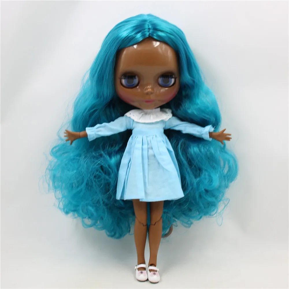 ICY DBS Blyth doll 1/6 30cm bjd super black darkest skin joint body blue curly hair BL4302