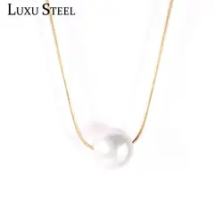 LUXUSTEEL Female Gold Color Round Imitation Pearl Pendant Necklaces Women/Girl Stainless Steel Snake Chain Necklace Exquisite