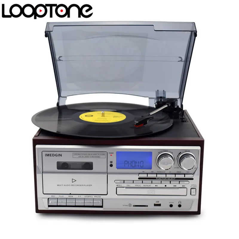 LoopTone 3 Speed Bluetooth-compatible Turntable Vinyl LP Record Player Vintage Gramophone Phono CD&Cassette  FM/AM Radio USB REC