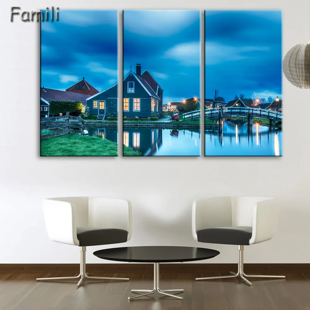 

3 Panels Canvas Art Amsterdam House Canal Home Decor Wall Art Painting Canvas Prints Pictures for Living Room Poster Unframed