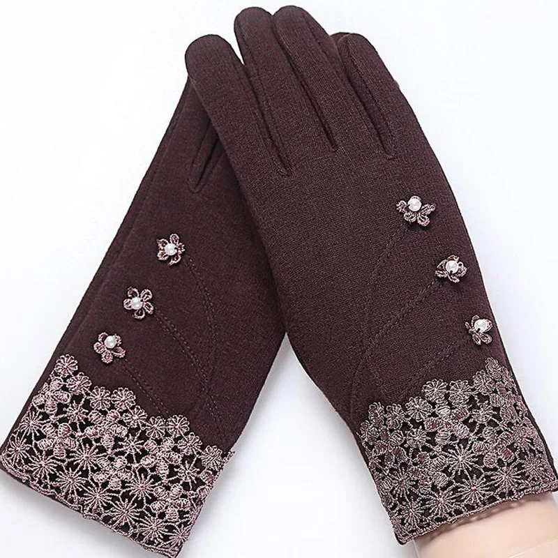 Moda eleganckie damskie rękawiczki do ekranu dotykowego zimowe damskie koronkowe ciepłe kaszmirowe kokardki pełne mitenki na rękę Guantes prezent 16A-F