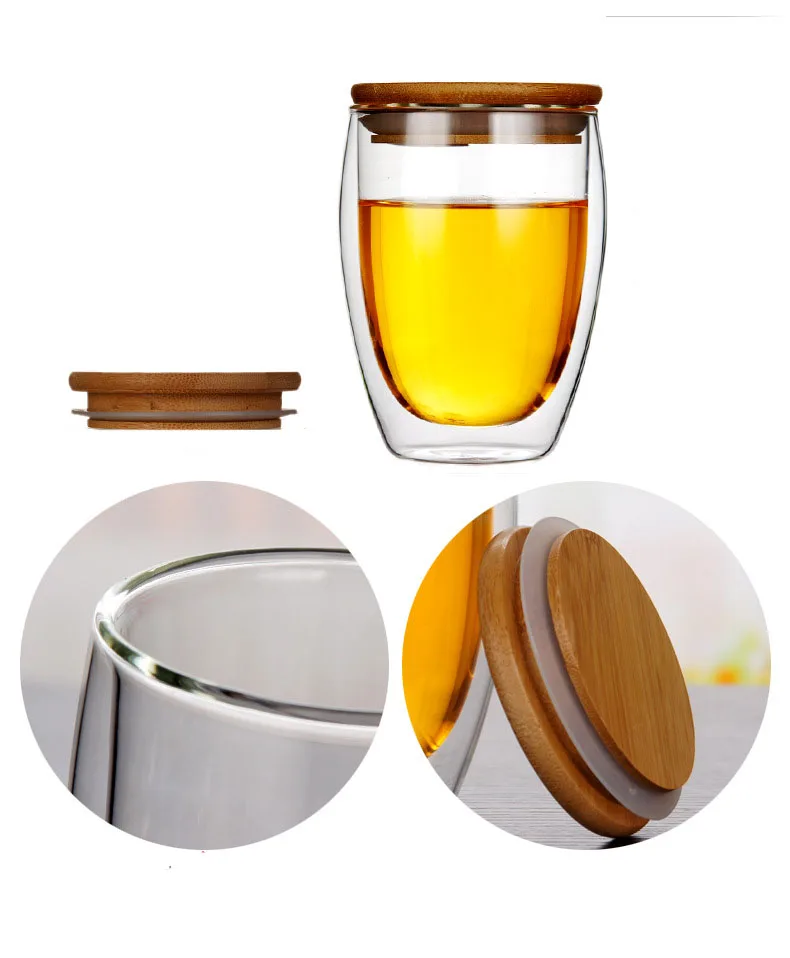 Transparent Double Wall Glass Mug With Bamboo Lid  Resistant Tea Beer Mug Milk Lemon Juice Cup Drinkware Lover Coffee Cups Mug