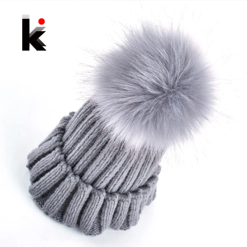 

2018 New fashion women beanie hat imitation fur ball Knitting wool cap winter hats for women many colors