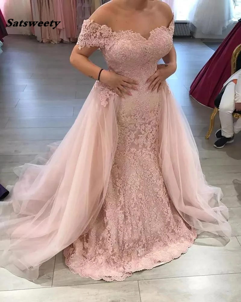 Lace Appliques Mermaid Prom Dresses Off Shoulder Dubai Saudi Arabia Long Party Dress With Detachable Train