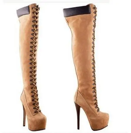 Classic Camel Color Long Boots Over-the-knee Lace-up Dress Boots Thin High Heels Platform Patchwork Boots Rivets Punk Style Shoe