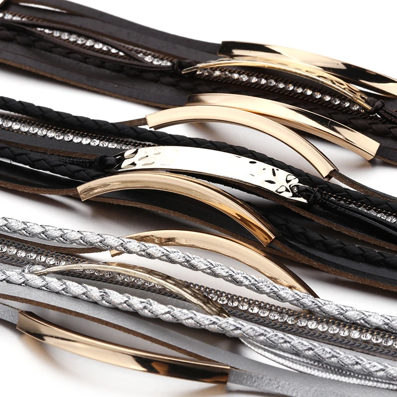 ALLYES Multilayer Leather Bracelet for Men Metal Bar Charm Black Braided Wide Wrap Man Bracelets & Bangles Boho Punk Jewelry