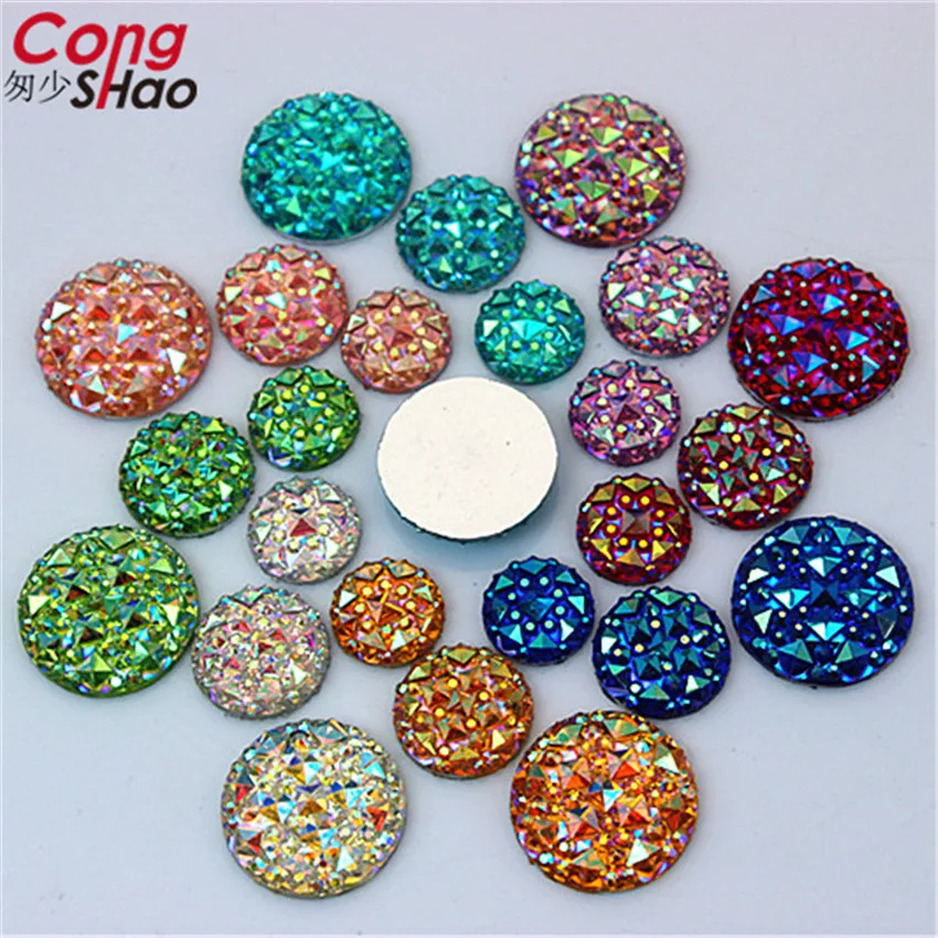 Cong Shao 100pcs 10/12/14/16mm AB Colorful Flatback Stones And Crystals Round Resin Rhinestone Trim Beads DIY Wedding Dress YB32