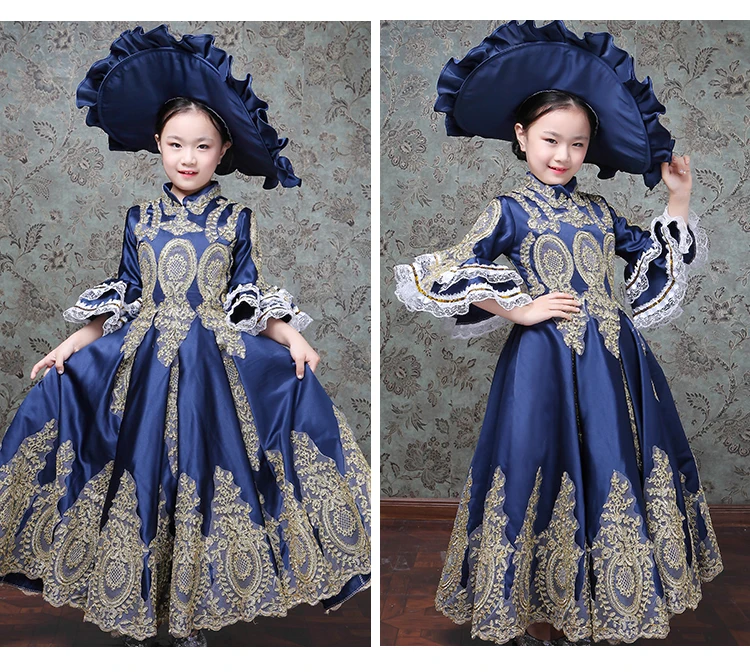 Kid Child Girl Champagne Bow Dance 18th Century Queen Victorian Marie Antoinette Dress with Hat