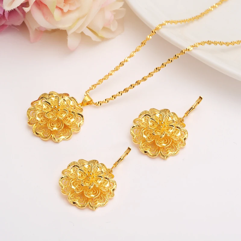 Bangrui Ethiopian Gold Color Flower set Jewelry Pendant Chain Earrings African Bride Wedding Flower Bijoux