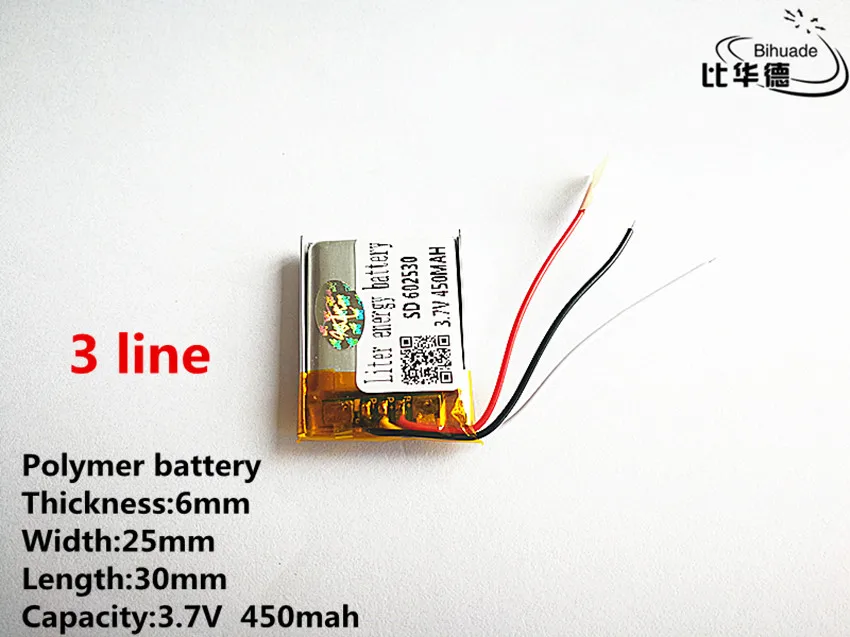 10 pz/lotto 3 linea di Buona Qulity 3.7 V, 450 mAH, 602530 Polimero agli ioni di litio/batteria Li-Ion per il GIOCATTOLO, BANCA di POTERE, GPS, mp3, mp4