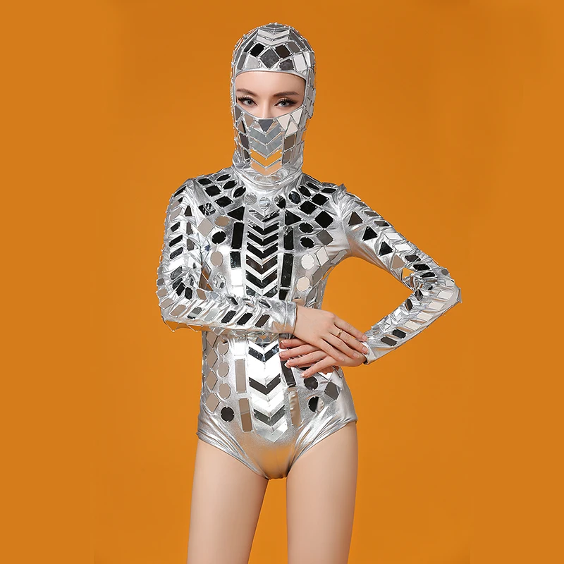 Women New Silver Head Piece Mirrors Bodysuit Costume Dance Wear Outfit Party Women Singer Dancer DJ Performance Sexy Leotard