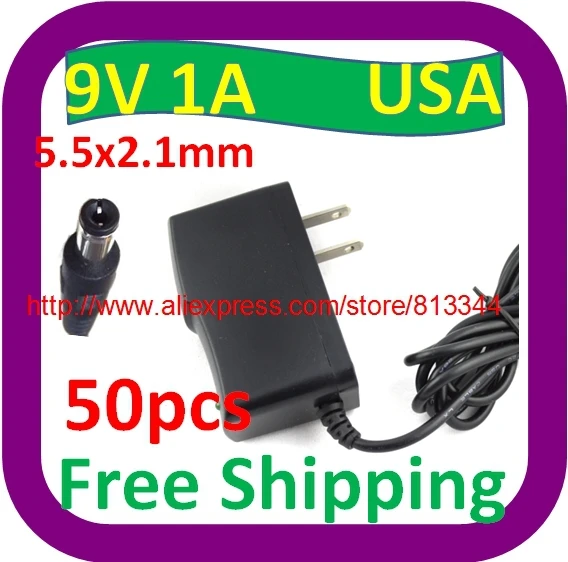 50 pcs Free Shipping AC 100V-240V Converter Adapter DC 9V 1A / 1000mA DC Size 5.5 mm x 2.1mm 10W Power Supply Charger USA Plug