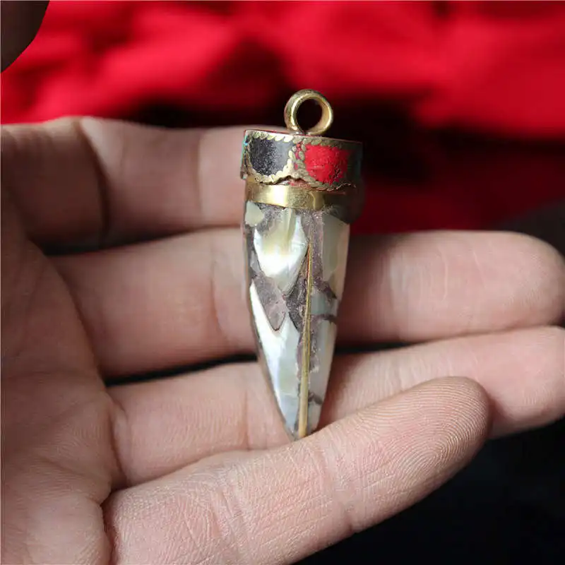 TBP386 Nepal Metal inlay Pearl Locket Chilly Pendants Fang Amulet for Man