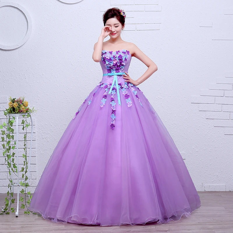 Velnosa Organza viola moda fiori abito da sposa senza spalline nuovo stile coreano principessa a buon mercato palla di pizzo abiti De Novia