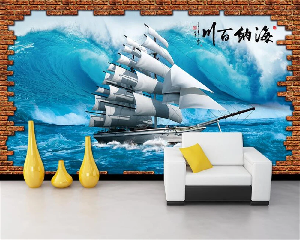 

Beibehang 3D Wallpaper Murals Living Room Bedroom TV Background walls Sailing Brick Wall Photo Wallpaper 3 d papel de parede