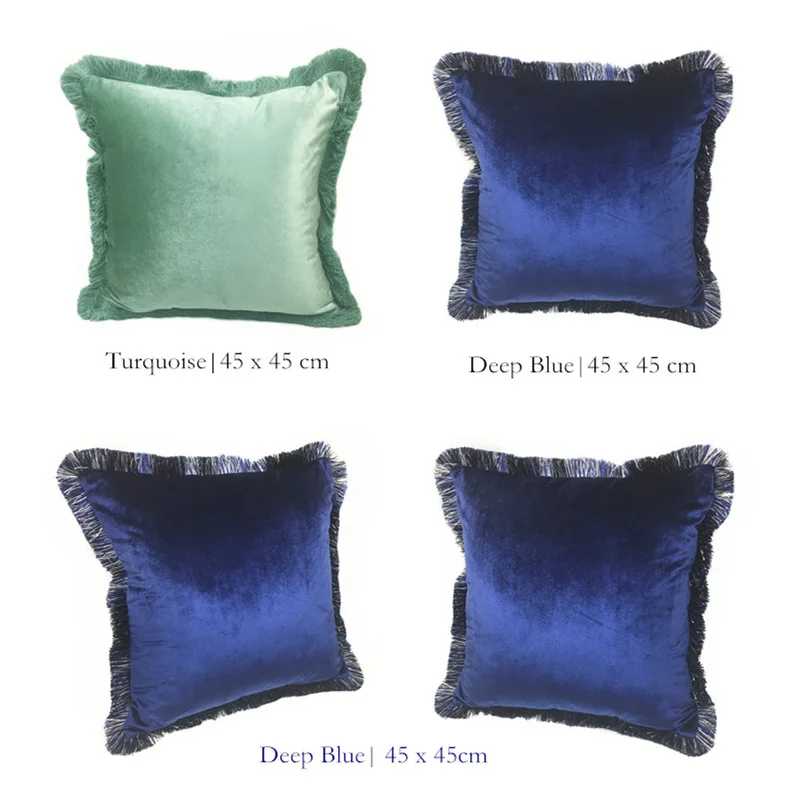 Luxurious Solid Brown Turquoise Blue Shiny Soft Velvet Cushion Cover Fringe Pipping Decorative Sofa Pillow Case 45 x 45 cm