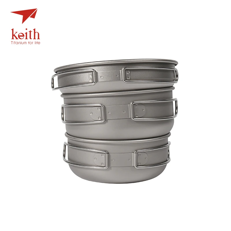 Keith 3Pcs Titanium Pans Bowls Set With Folding Handle Cook Sets Titanium Pot Set Camping Hiking Picnic Cookware Utensils Ti6053