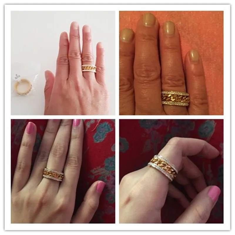 Fashion Men And Women Titanium Steel Ring High Quality Gold Color Crystal Rings Chain Decorated Stainless Steel Rings For Men