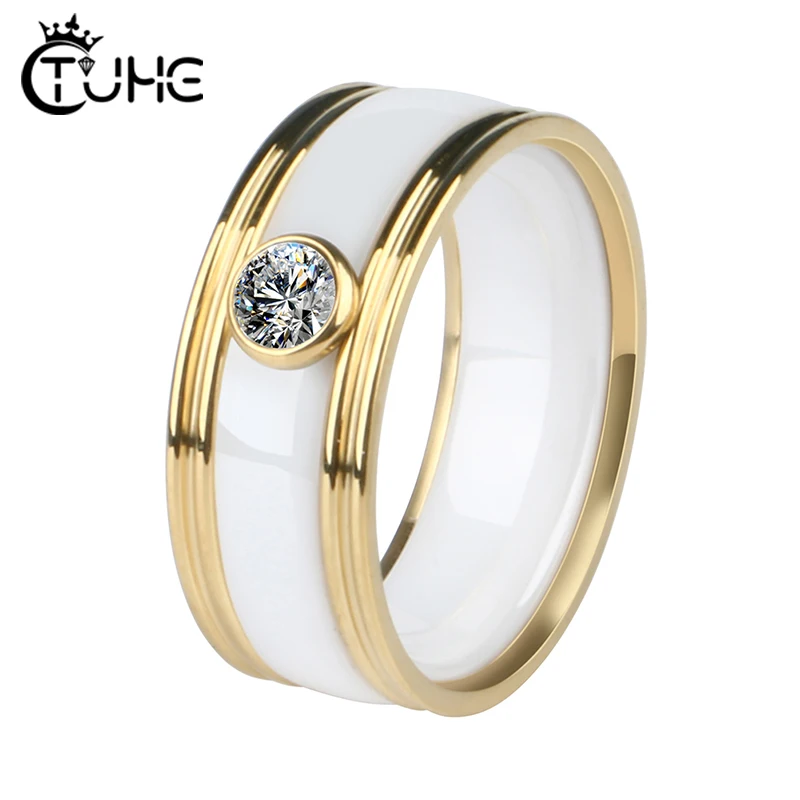 New 8mm Width Ceramic Men Rings With Big Carat Crystal Gold Silver Stainless Steel Men Women Rings Wedding Party Brand Ring