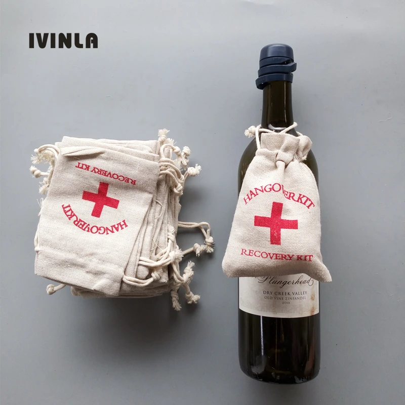 

Hot Selling 50pcs Red Cross Cotton Linen Hangover Kit 10x14cm Wedding Favor Holder Bag