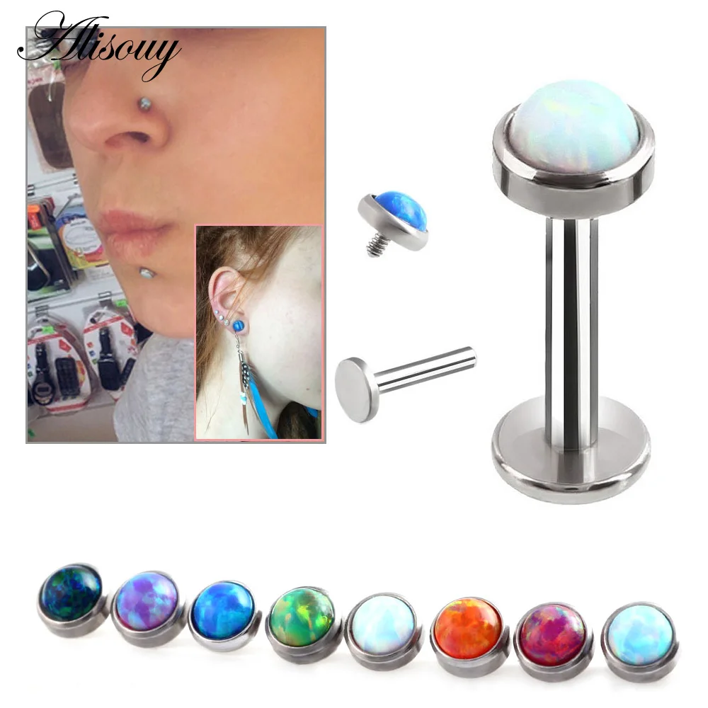 Alisouy 1 Pcs Opal Stone Labret Hiphop Lip Stud Ear Piercing Cartilage Tragus Helix Earring Nose Stud 16g Lip Ring Body Jewelry