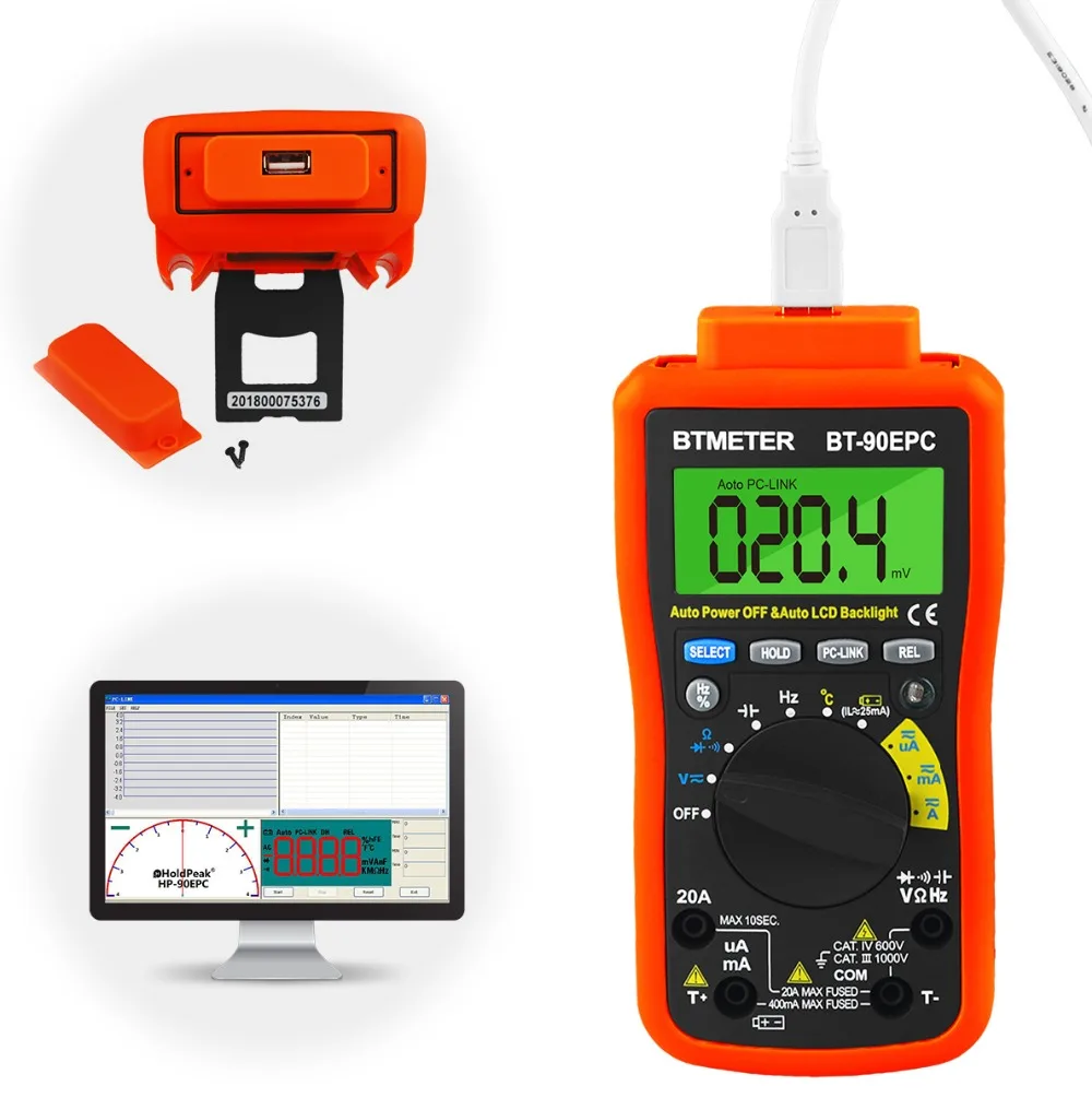 BT-90EPC Digital Multimeter Auto Range 4000 Counts AC/DC Voltage Meter Tester for Resistance Capcitance Frequency with USB