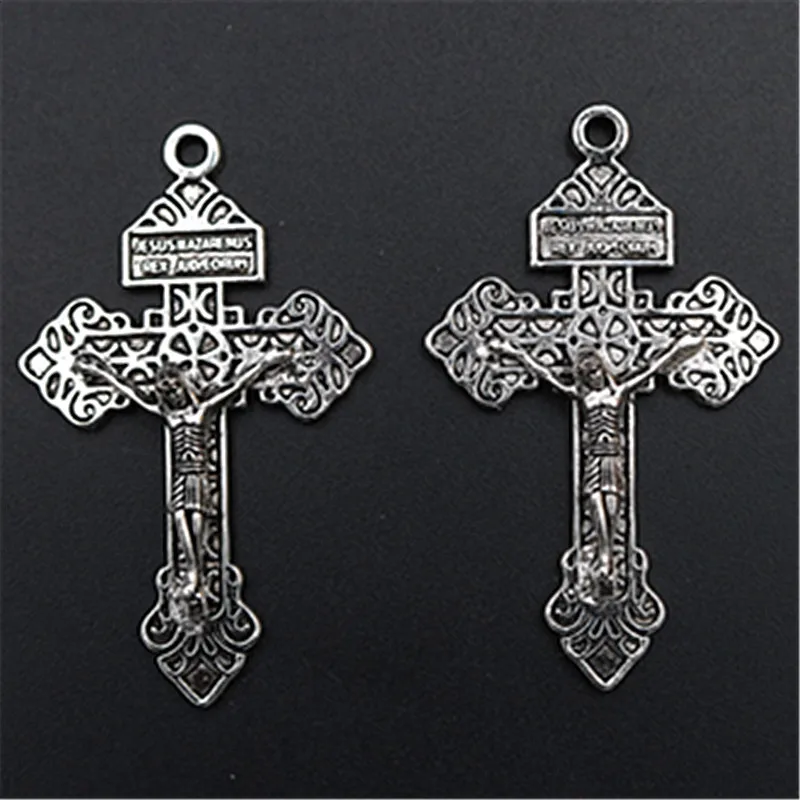 4pcs Silver Plated Metal Vintage Jesus Cross Charm Religious Necklace Bracelet DIY Handmade Jewelry Alloy Pendant 55*34mm A1558