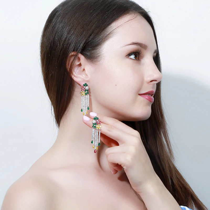 

BeaQueen 6 мм элегантные красочные серьги с кристаллами кубического циркона и цветком, длинные висячие серьги с кисточками для женщин, юбилейные украшения E283