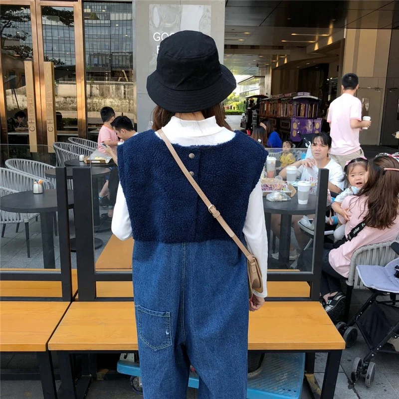 Casual หลวม Patchwork กางเกงยีนส์ Jumpsuits 2019 ฤดูใบไม้ร่วงฤดูหนาวใหม่ V คอ Jean Jumpsuit สำหรับสุภาพสตรี Overalls ผู้หญิง Dungarees DD1866