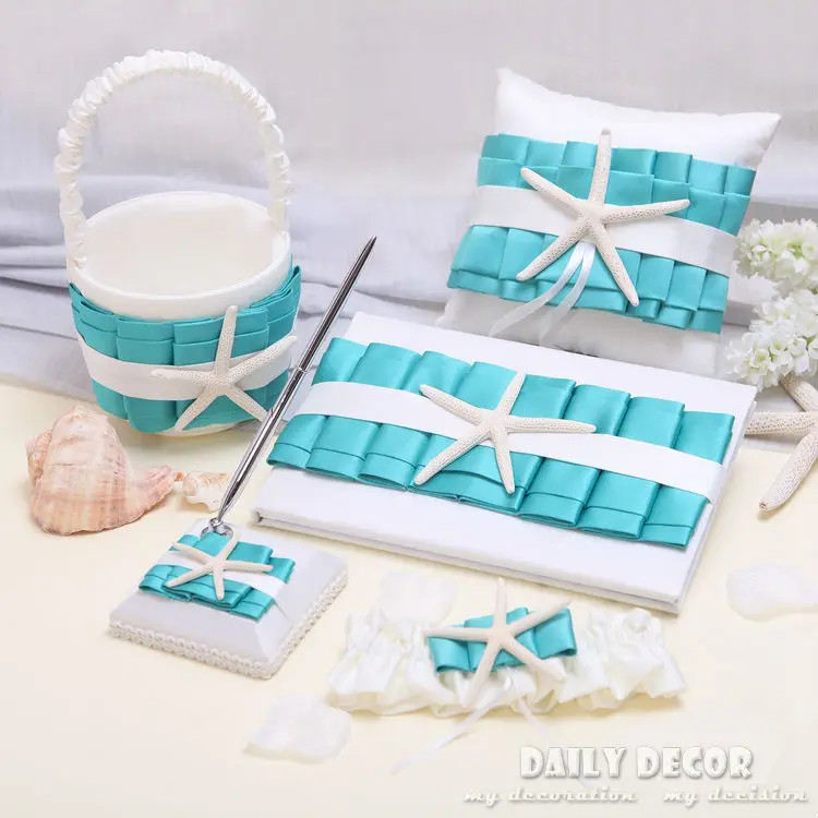 5pcs/set  Ocean Starfish blue + white wedding accessories / supplies ( ring pillow + flower basket + pen + guest book + garter )