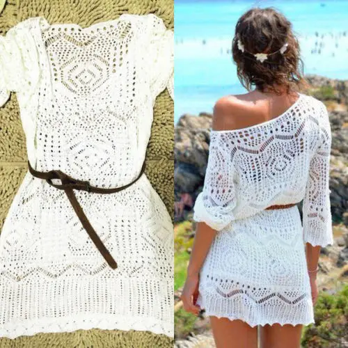 New Sexy Women Lace Crochet Bikini Beach Boho Dress Hollow Out Loose Dresses Three Quarter Sleeve Mini Dress