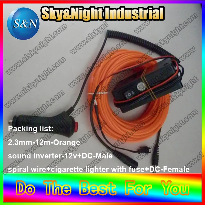 Electroluminescent wire-2.3mm-12M-Orange + 12v Sound inverter with cigarette lighter+Free shipping (Ten color for your choosing)