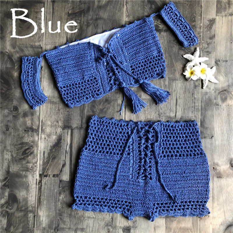 New Fashion Beach Bikini Set Knitting Swimwear Crochet Bohemia Style Off Shoulder Bath Handmade Brushes Sexy Bikini Bh