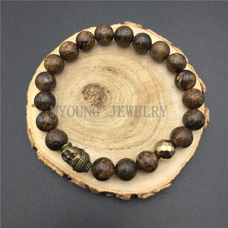 MY0814 Round Brown Bronzite Beads Pyrite Bracelet With Buddha Head