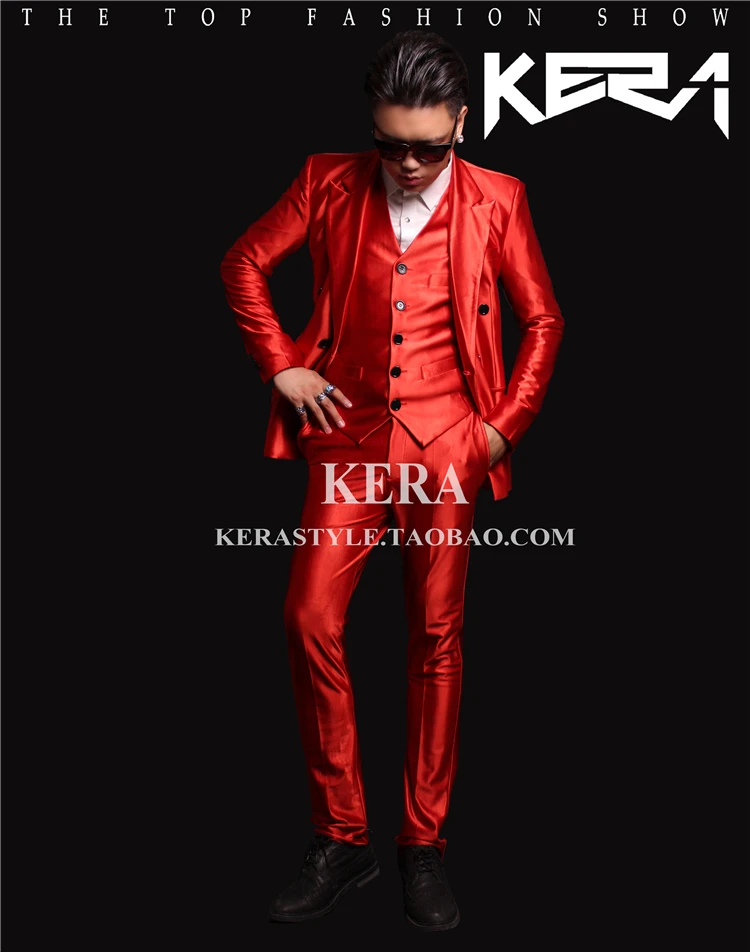 Bar New Men's Fashion Slim Blazers Coat DJ Male Singer Red High-grade Satin Suit Jacket Costumes Double Breasted Dress Clothing