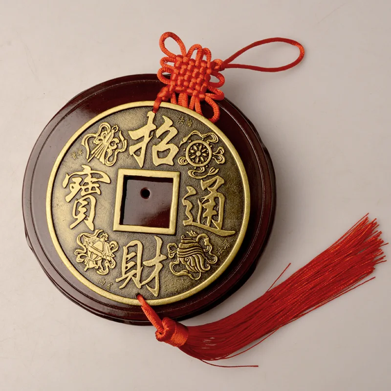 Chinese knot Vintage Lucky Wealth Fortune Fengshui Qing Copper Coins  Amulet of Good Luck Metal Pendant Home Decoration Art 10cm