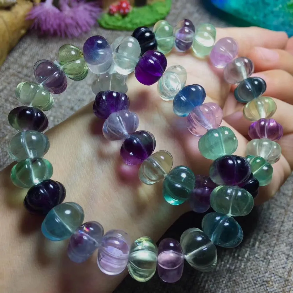 

Fluorite gren carved pumpkin beads stone round 14*10mm bracelet 7.5inch FPPJ for woman gift